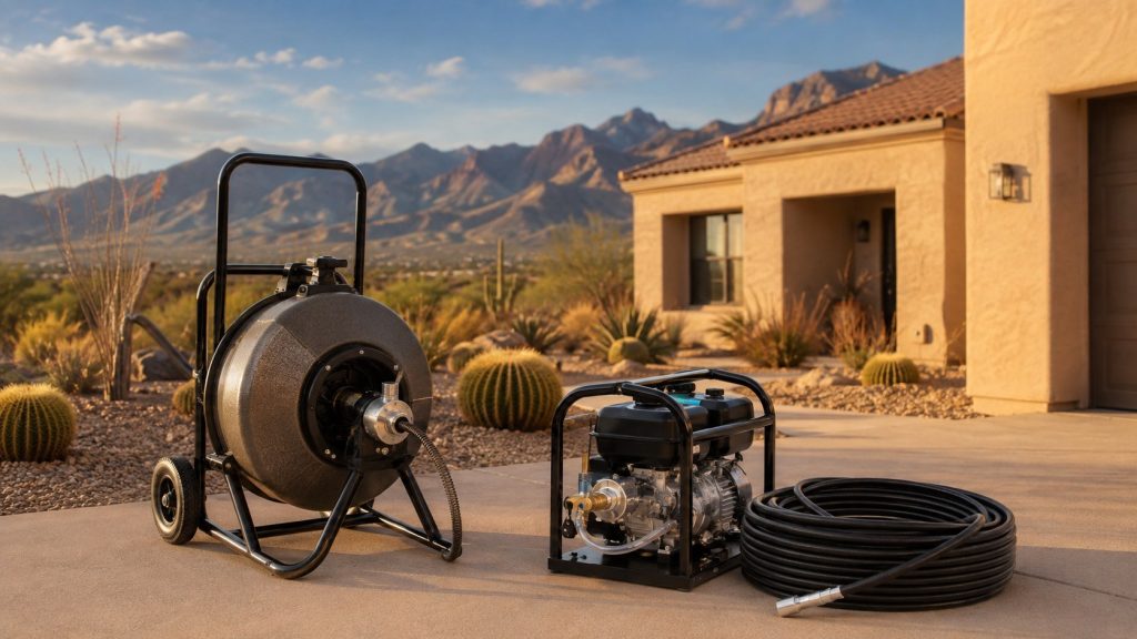Hydro jetting machine and a cable drain snake set up outside a desert home